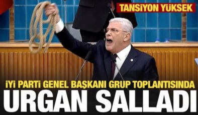 İYİ Parti Genel Başkanı Dervişoğlu grup toplantısında urgan salladı